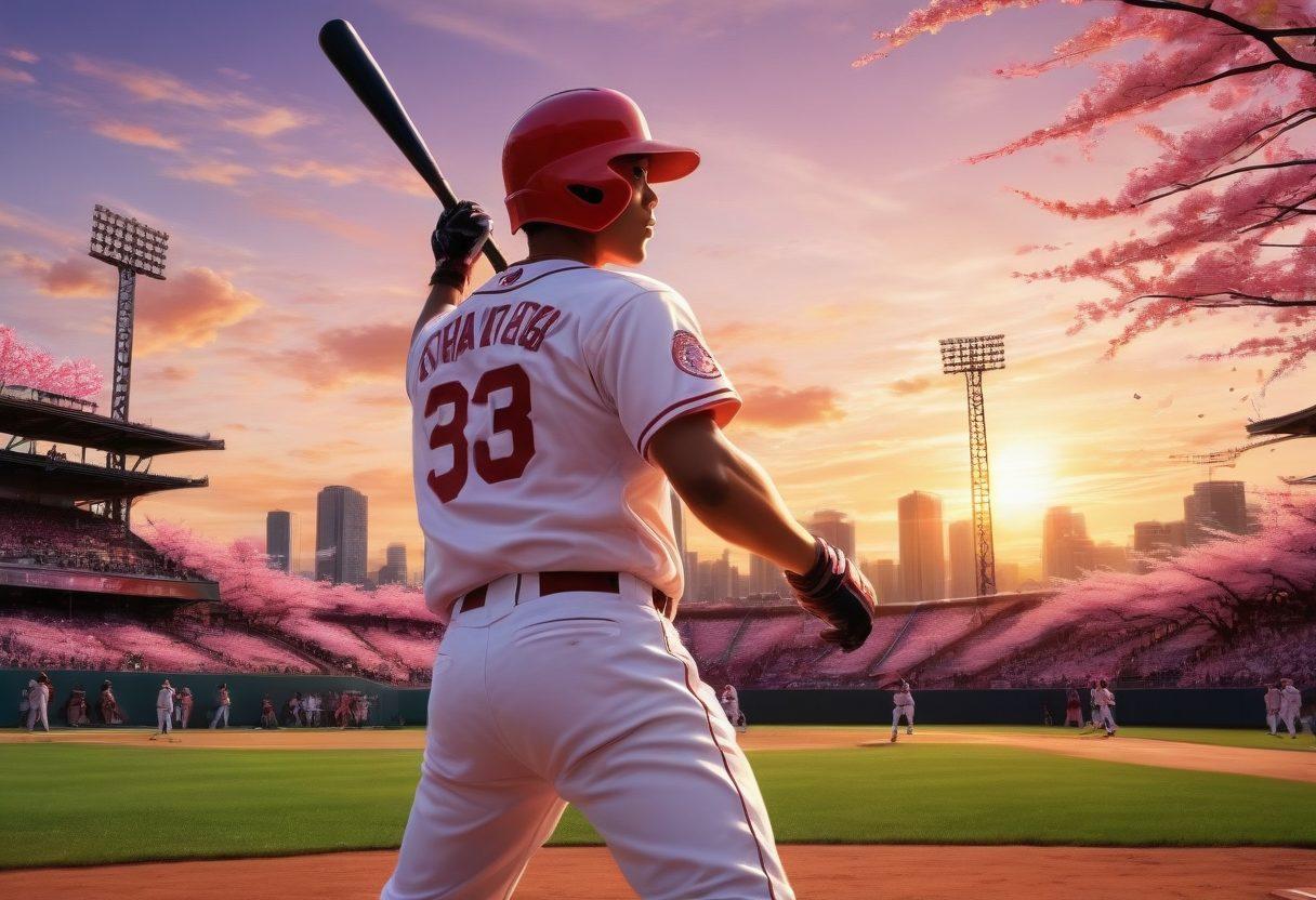 A vibrant baseball field under a sunset sky, merging elements of anime culture with baseball; featuring a muscular anime-style character swinging a bat with exaggerated motion lines, surrounded by cheering fans depicted in anime style. In the background, an artistic blend of baseball elements and iconic anime symbols like cherry blossoms and vibrant cityscapes. super-realistic. vivid colors. dynamic composition.