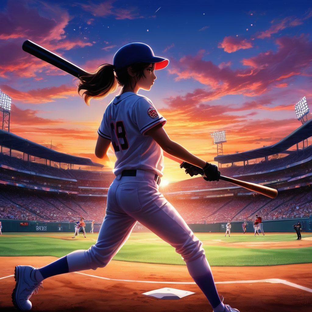 A vivid collage merging the worlds of anime and baseball, featuring a dynamic anime character swinging a baseball bat with sparkling diamonds flying around. In the background, blend scenes of romantic anime moments and iconic baseball stadiums under a twilight sky, creating an atmosphere of desire and passion. Use vibrant colors to highlight the contrast between the sporty and romantic elements. cartoon-style. vibrant colors. dynamic composition.